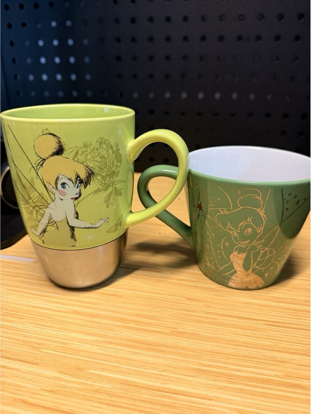 2 Disney Store Tinkerbell Large Mugs Light Green And Gold Fairy Design